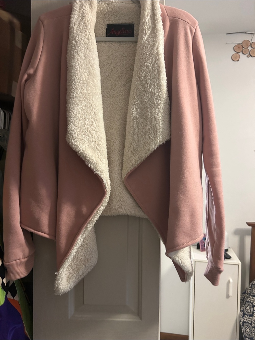 Angelina Pink Open-Front Teddy Jacket with Cream Sherpa